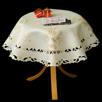 Round Gold Luxury Satin Fabric Christmas Table Cloth/Xmas Cutwork Embroidered Table Topper
